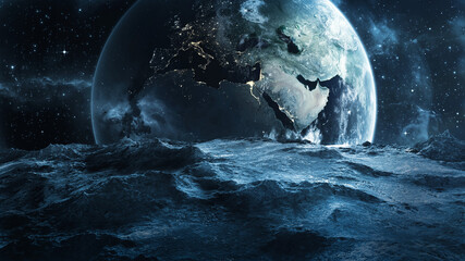 view from asteroid on earth 3d illustration
