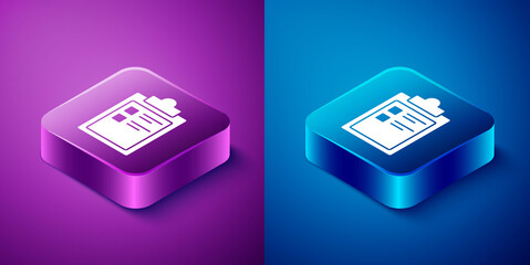 Isometric Sport training program or fitness plan icon isolated on blue and purple background. Square button. Vector Illustration