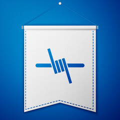 Poster - Blue Barbed wire icon isolated on blue background. White pennant template. Vector.