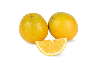 Two oranges and a slice isolated over white background