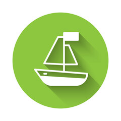 Poster - White Toy boat icon isolated with long shadow. Green circle button. Vector.