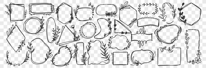 Wall Mural - Vintage frames doodle set. Collection of hand drawn various shapes or mirrors or different shapes and sizes isolated on transparent background. Illustration of forms decorated with branches, leaves 