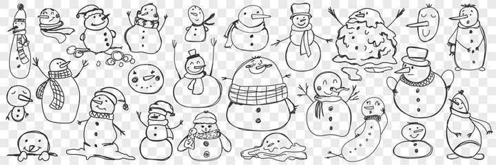 Snowman doodle set. Collection of funny hand drawn cute snowmen in scarves and accessories isolated on transparent background. Illustration of winter traditional entertainment and character for kids.