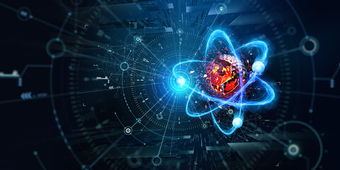 Poster - Atom, structure and research. Artificial intelligence and scientific discoveries. 3D illustration of a nanostructured core. Digitalization of science. Physics and hi-tech