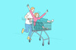 © Dzianis Vasilyeu - Funny shopping, Having fun, togetherness concept. Positive man and woman cartoon characters riding on shopping cart and having fun together over blue background vector illustration