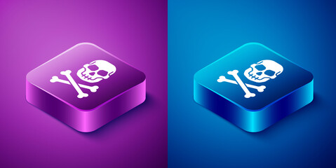 Wall Mural - Isometric Skull on crossbones icon isolated on blue and purple background. Happy Halloween party. Square button. Vector.