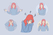 Bipolar disorder, phycological problem, schizophrenia concept. Young depressed woman cartoon character suffering from bipolar disorder with euphoria, psychosis, depression, tears, panic in one moment 