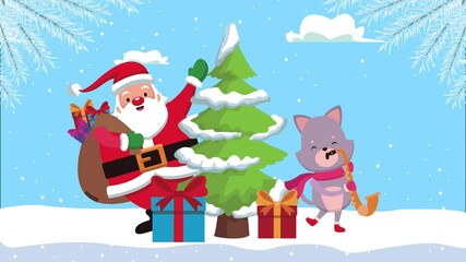 Poster - happy merry christmas santa claus with cat and gifts in pine tree