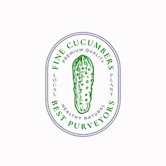 Wall Mural - green cucumbers farm frame badge or logo template. hand drawn vegetables sketch with retro typograph