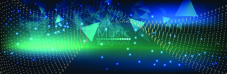 Abstract 3D mesh background with circles and particles on a dark background. Music background equalizer concept. Retro futuristic background 1980s style. sun glitch.