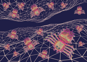 Unusual scary poisonous spiders in spiderweb, 3d render