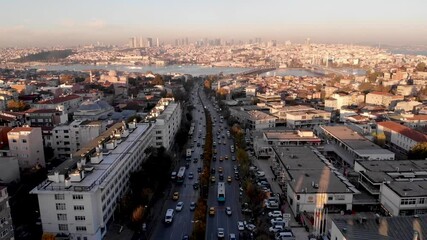 Wall Mural - Istanbul street from a bird's eye view. The movement of vehicles from a height.  Istanbul, Turkey.