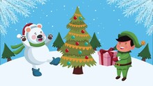 Happy Merry Christmas Animation With Elf And Polar Bear In Pine Tree