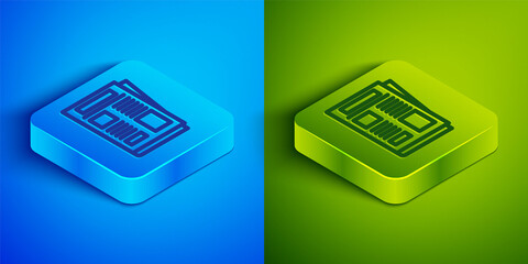 Sticker - Isometric line News icon isolated on blue and green background. Newspaper sign. Mass media symbol. Square button. Vector.