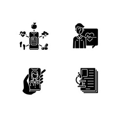 Sticker - Healthcare service black glyph icons set on white space. Health data collection. Anonymous question. Video appointment. Diagnostic test. Silhouette symbols. Vector isolated illustration