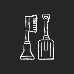 Sticker - Snow removal tools chalk white icon on black background. Instruments for helping you to clean your car. Winter automobile services. Remove ice and snow. Isolated vector chalkboard illustration