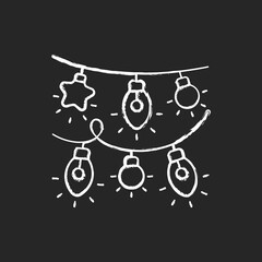 Sticker - Christmas light chalk white icon on black background. Lights often used for decoration in celebration of christmas. Colorful light bulbs on tree. Isolated vector chalkboard illustration