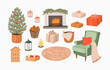 Winter and Christmas home interior vector illustration set. Christmas tree, fireplace, armchair, firewood, rug, presents, gifts, candles, baubles, decor elements