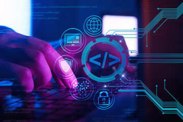 Wall Mural - web development and web design concept in dark blue background, programming for internet