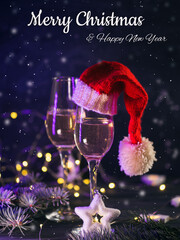 Canvas Print - Merry Christmas toast, two glasses of champagne on a dark background with a garland, greeting text