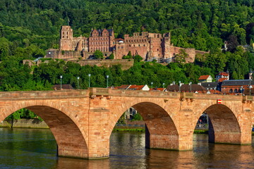 Wall Mural - Karl Theodor bridge, river Neckar and castle in Heidelberg by day, Germany