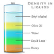 Density of liquids, fluids layers. Different colored materials, Home, lab science experiment. How to specific mass water, oil, honey, soap, ethyl alcohol. In glass cylinder beaker. illustration vector
