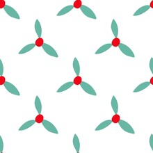 Seamless Pattern With Mistletoe, Red Berries, Green Leaves. Vector Hand Drawn Illustration