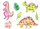 Fototapeta Dinusie - Watercolor cute dinosaurs clipart set.Cartoon nursery illustration isolated on a white background. Hand painted illustration for sticker, pattern, baby shower, birthday invitation, poster, sublimation