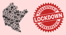 Vector Viral Lockdown Collage Podkarpackie Voivodeship Map And Grunge Stamp Seal. Lockdown Red Stamp Seal Uses Sharp Rosette Shape. Collage Podkarpackie Voivodeship Map Is Organized From Covid-2019,