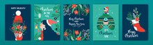 Merry Christmas Happy New Year Greeting Card Set Of Retro Cartoon People With Traditional Holiday Season Decoration. Cute Xmas Collection Includes Floral Ornament, Man, Woman And Celebration Quotes.