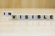 A row of small white plastic tiles, containing the letters forming the word visible, to represents the concept of seeing what was previously invisible.