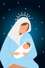 Poster - nativity holy mary carrying a baby jesus stars background