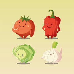 Poster - vegetables kawaii cute tomato pepper onion and cabbage cartoon style