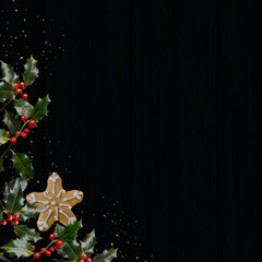 Wall Mural - Black Christmas background with flat design of mstletoes, cookie and golden dust. Xmas background