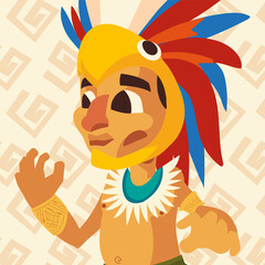 Wall Mural - aztec warrior with parrot headgear in tribal background