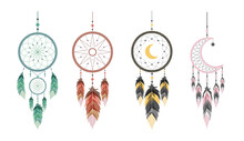 Dream Catcher With Moon And Feathers. Set Of Hand Drawn Indian Talisman. Ethnic Bohemian Design Element. Vector Hipster Illustration Isolated On White Background. Flat Boho Style.