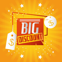 Poster - special offer season, tag prices lettering big discount, yellow sunburst background