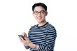 © whyframeshot - creative staff wearing casual cloth asian male mature adult wearing glasses hand hold smartphone smart communication technology white background