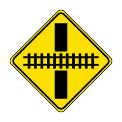 Wall Mural - Railway level crossing on road ahead traffic sign. Vector illustration of warning for a railroad crossing without barrier or gate. Yellow diamond shaped road sign with railroad tracks icon inside.