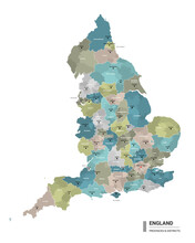 England Higt Detailed Map With Subdivisions. Administrative Map Of England With Districts And Cities Name, Colored By States And Administrative Districts. Vector Illustration.