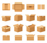 Fototapeta  - Empty cardboard packages boxes, set of open and closed delivery packaging, front view, top view, side view, angled. Paper mail boxes various shapes.