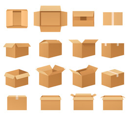 empty cardboard packages boxes, set of open and closed delivery packaging, front view, top view, sid