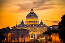 St Peter's Basilica In Rome,Vatican, The Dome At Sunset