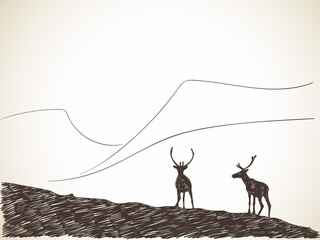 Wall Mural - deer reindeers sketch on blue winter nature landscape 