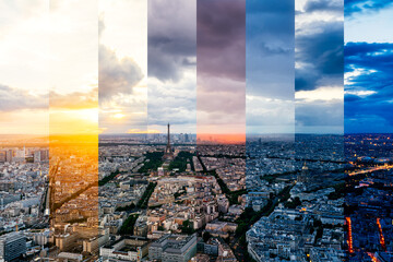 Panoramic aerial view of Paris city skyline and Eiffel Tower during the sunset. Time slice photography from afternoon to night.