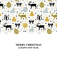 Poster - Vector illustrations of Christmas greeting card with deer, fir and gifts