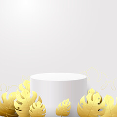 Poster - 3D white circle podium display and gold Tropical plants. Vector Illustration
