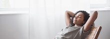 Young Woman Relaxing At Home Panoramic Banner. African American Girl Resting In Her Room. Enjoy Life, Rest, Relaxation, Wellbeing, Lifestyle, People, Recreation Concept