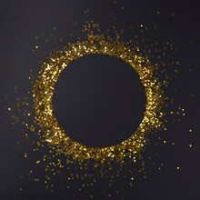 Christmas Ball Ornament Shape Negative Space Arrangement Made With Star Glitter On Black Background. Minimal New Year Celebration Concept. Flat Lay, Top View, Copy Space.