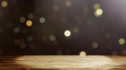 Wall Mural - Wooden table with defocused Christmas lights on the dark background. New year and christmas 2026/2025. Loop 3D 4K animation.